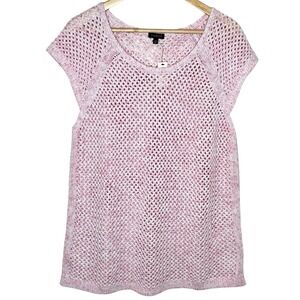 Talbots Crochet Open Knit Top Pink Womens XL Sheer Short Sleeve Cottagecore
